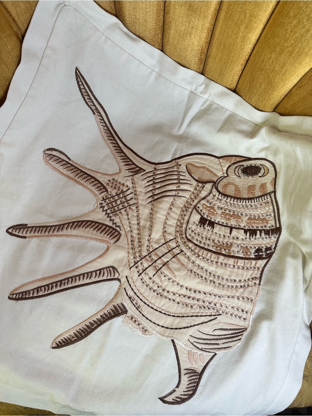 Embroidered and Beaded Conch Shell Accent Pillow Cover in Cream and Brown